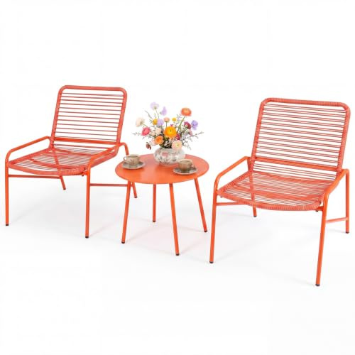 LIFEZEAL 3-TLG. Gartenmöbel Set, Bistro-Set Wetterfest Outdoor, Terrassenmöbel inkl. Gartentisch & 2 Gartenstühlen, Modernes Balkonmöbel-Set für Garten, Hof, Terrasse, Orange | Balkonmöbel für Garten, runder Tisch mit 2 Sesseln, Metallrahmen, ideal für Patio