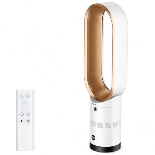 ahnwer Bladeless Fan with Air Purifier, 24 Tower Fan for Bedroom, 10 Speeds, Quiet Sleep Mode, 3D Oscillation (90°/20°), 9H Timer, LED Touch & Remote, Safe for Kids, Energy Saving (Gold)