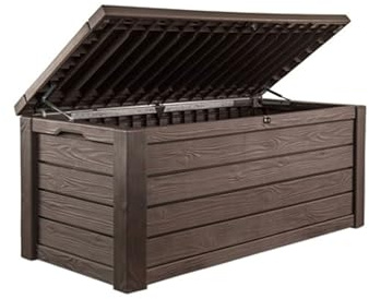 Keter 150 Gallon Resin Large Deck Box Organization and Storage Box for Patio, Outdoor Cushions, Garden Tools, Brown