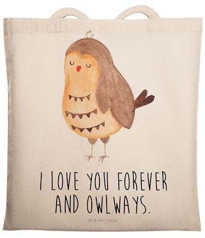Mr. & Mrs. Panda Tote Bag Eule Zufrieden - Geschenk, Owl, Wortspiel, Shopper, Umhängetasche, Hochzeitstag, Liebesspruch, Laptoptasche, Tasche, Stoffbeutel, Romantisch