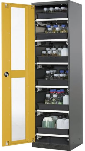 ASECOS | Labor-Chemikalienschrank | 1-türig | hoch | 6 Auszüge | mit Sichtfenster | gelb