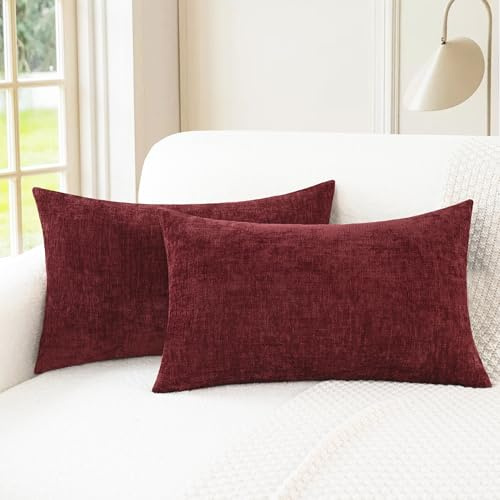 CaliTime Gemütliche Nackenrollen-Kissenbezüge für Couch, Sofa, Heimdekoration, einfarbig, weiches Chenille, 30 x 50 cm, Burgunderrot, 2 Stück