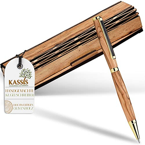 Kassis Geschenkartikel Olivenholz Kugelschreiber - Handgemacht mit schöner Maserung in eleganter Holzschachtel - Kugelschreiber ohne Gravur