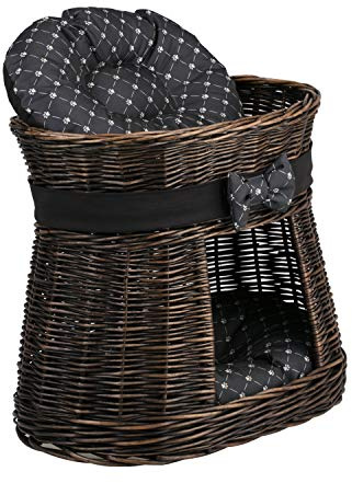 e-wicker24 Tierkorb Ovale dunkelbraune Katzenhütte Katzenkorb aus Weide Korb für die Katze mit Zwei Etagen Katzenlager mit Kissen Katzenturm 50x40 H45 (Schwarz 2)