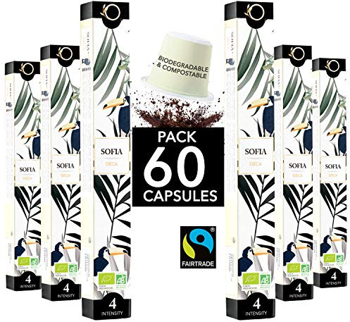 ORIGEENS Capsules Nespresso Compatible | Café BIO Fairtrade Arabica Décaféiné sans solvant SOFIA | 60 Capsules Compostables | Torréfaction Artisanale