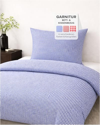 texpot Bettwäsche Garnitur 135 x 200 cm + 80 x 80 cm Landhaus 5 mm Karo blau kariert Bauern Kissenbezug Bettbezug