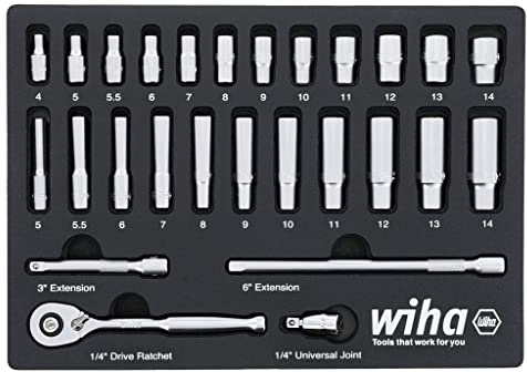 Wiha 33395 Steckschlüsselsatz 1/4 Zoll - 27-teilig Standard & Deep Metric Stecknüsse mit Ratsche, Verlängerungen und Kardangelenk