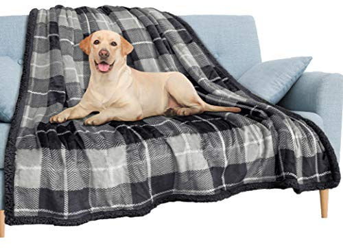 PAVILIA wasserdichte Decke für Couch, Sofa, wasserdichte Hundedecke für großen Hund, Welpen, Katze, Haustierdeckenschutz, Plüsch, weich, warm, flauschig, Sherpa-Decke, Bettüberwurf, kariert, grau, 60