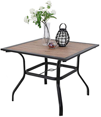 PHI VILLA Garden Table 94 * 94cm Outdoor Dining Table | Wood-like Tabletop Steel Frame and Parasol Hole Square Patio Table Maintenance Free (Brown)