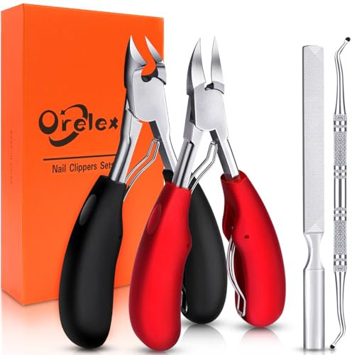 Orelex Nagelschere für dicke und tief eingewachsene Zehennägel, Toehensäure -Clippers aus Edelstahl, 4 Stücke professioneller Fingernagel Clipper, Soft Griff (Black+Red)