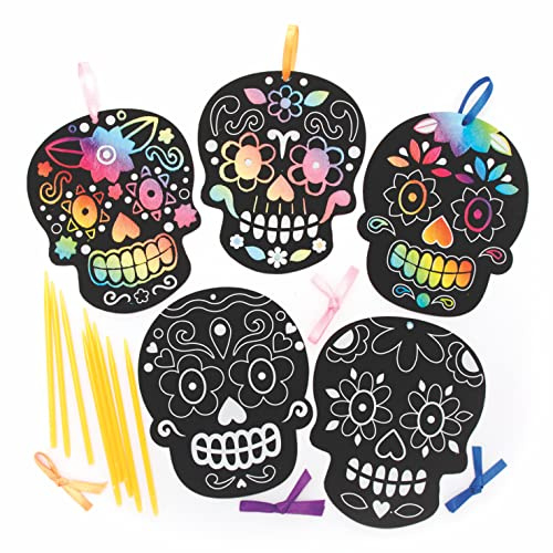 Baker Ross FE749 Totenkopf Kratzkunst Set - 8er Pack, Kratzkunst Set für Kinder zum Basteln und Verschenken