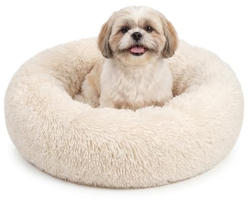Calming Donut Dogs Beds for Small Dogs Washable,23inch Plush Round Pet Bed for Cozy Sleep,Fluffy Faux Fur Large Cat Bed,Fits up to 25 lbs Pets,Beige