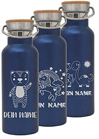 Generisch Trinkflasche personalisiert/blau/Lustige-Motive mit Namen/Edelstahl mit Bambusdeckel 500ml / Isolierte Thermosflasche/BPA-Frei/nachhaltig/auslaufsicher/langlebig