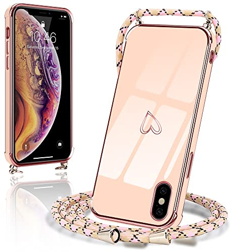 Micoden Handykette für iPhone X/Xs Hülle Necklace mit Band Herz Design | Kameraschutz Handyhülle Herz Design Galvanik Dünn Silikon Case Bumper Kordel zum Umhängen Stoßfeste Schutzhülle, Rosa
