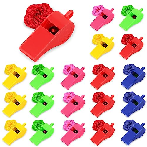 Vicloon Sifflets de Sport en Plastique, 20pcs Sifflet de Sport avec Cordon, Sifflets en Plastique Colorés Sifflet Puissant Idéal pour Les Entraîneurs, Les Arbitres et Les Officiels