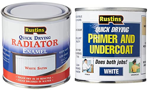 RUSTINS Quick Drying Radiator Enamel Satin 250ml & WHPU250 Primer Paint, White 250ml