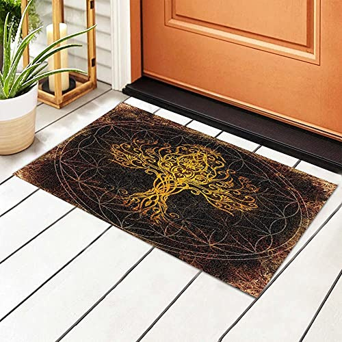 494 Zerbino 40X60cm Vita Dell'Albero Norvegese Vichingo d'oro Zerbino Ingresso Morbido Zerbino da Interni Base Antiscivolo Tappeto Asciugapassi per Ingresso Esterno, Ingresso, Bagno