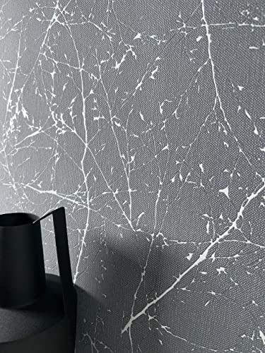 Newroom Vliestapete Anthrazit Zweige Modern Wohnzimmer Tapete Flur | kahle weiße Astsilhouetten, feine Leinenstruktur matt, elegante Mustertapete, Wandtapete Industrial, Schlafzimmer Büro