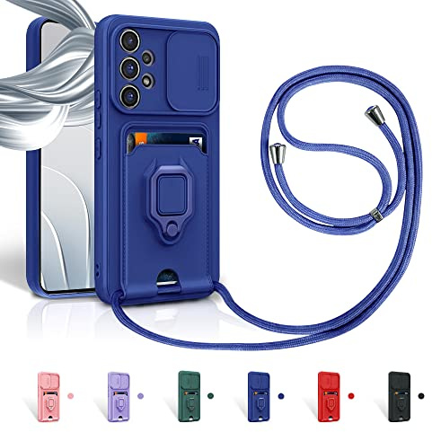 Aithne Case für Samsung Galaxy A52 4G/5G/A52s 5G Handykette Hüll,Slide kameraschutz,Silikon Handyhülle zum Umhängen Kette,360 Grad Ringhalter Stand Kartenfach-Blau