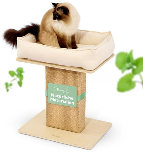 Nemmy Premium Kratzbaum klein aus Holz mit waschbarem XL Katzenbett, Beige | Geruchsneutral. Stabile Anti-Rutsch-Füße. Sisalmatte statt Seile. Für Schlafzimmer & Büro. Ersatzteile erhältlich.