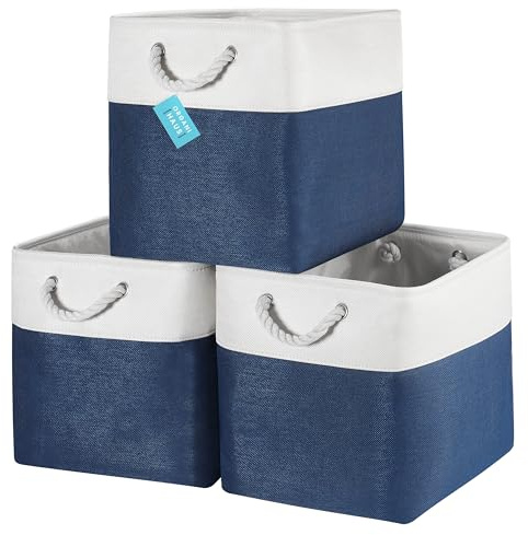 OrganiHaus Aufbewahrungsbox 33x33cm 3er-Set, Würfelkörbe aus Stoff mit Seilgriffen, Faltbare Aufbewahrungswürfel für Kallax Organizer, Ablagekörbe für das Kinderzimmer Navy blau