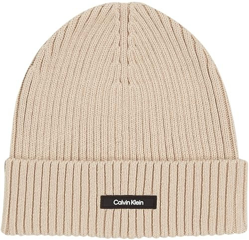 Calvin Klein Herren Strickmütze Classic Cotton Rib Beanie aus Baumwolle, Beige (Stony Beige), Einheitsgröße
