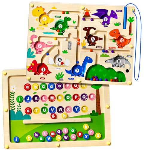 UMEREACT 2 in 1 Montessori Magnetic Maze for 3 4 5 Year Old Kid | Preschool Education Toys Double Sided Wooden Board Colour Number Alphabet Puzzle Birthday Gifts for Boys and Girls