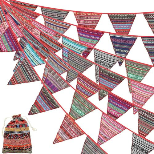 Hrlace 15M Boho Wimpelkette Vintage Bunt Dreieckige Flaggen Wimpel Girlande Ethnische Wimpelfahnen DIY Dekorative Ammergirlande Banner für Draussen Garten Hochzeit Geburtstag Party Deko 15M