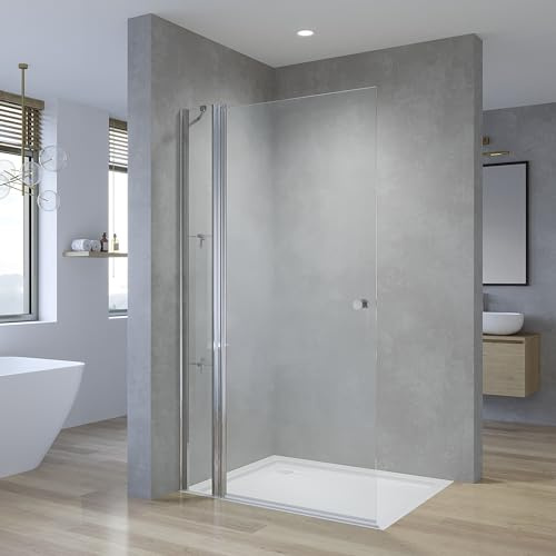 Duschabtrennung Duschwand Glas 120 x 187 cm Walkin Dusche Duschtür rahmenlos Drehtür Schwingtür mit Festteil und Eckregale begehbare Dusche Glaswand Echtglas 5 mm klar | ohne Magnetprofil