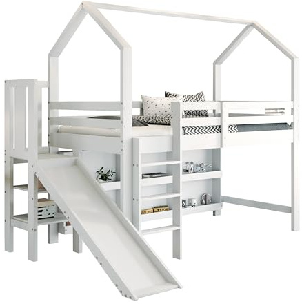 SOFTWEARY Hochbett mit Lattenrost, Rutsche, Regal und Leiter, 90x200 cm, Kinderbett mit Rausfallschutz, Hausbett, Kiefer