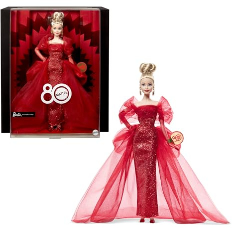 Barbie Signature Doll, Mattel 80th Anniversary Collectible in Glittery Red Tulle Gown with Drop Earrings and Sheer Gloves, Blonde Hair, JBJ17