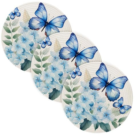 Untersetzer, hitzebeständig, Hortensien, Blumen, blaue Schmetterlinge, rund, gewebt, 38,1 cm, für Esstisch, Urlaub, Party, Dekoration, 38,1 cm, 3 Stück