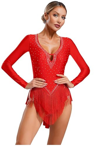 Xnihocha Damen Body Tanzen Latein Tanzkostüm Langarm Gymnastikbody Tanzbody Fransen Trikot Ballettkleidung Rot M