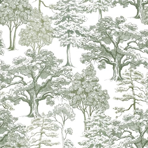 ReWallpaper Papier Peint Vert Blanc Film Adhesif Motif pour Meuble Toile De Jouy Vert Gris Papier Peint Chambre Enfant Foret Gris 44.5CM×3M Rouleau Adhesif Decoratif pour Porte Armoire De Cuisine