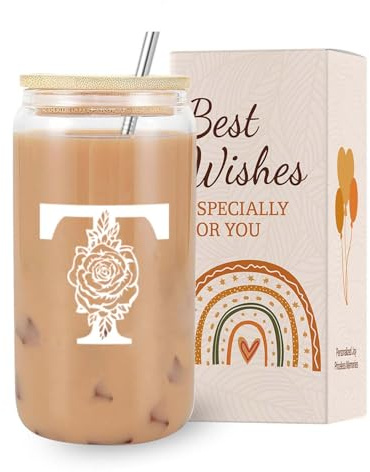 VivaJoy A-Z Initial Personalised Birthday Gifts for Women - Monogrammed Gifts for Women,Initial Letter T,Glass Cups with Lids Straws, Christmas or Birthday Gifts for Her,Mum,Friend,Sister（Letter-T）