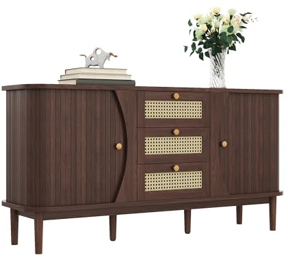 Commode - Buffet moderne en rotin - Armoire multifonction avec 3 tiroirs et double porte coulissante en bois - Pour couloir, chambre à coucher, salon - 140 x 40 x 76 cm