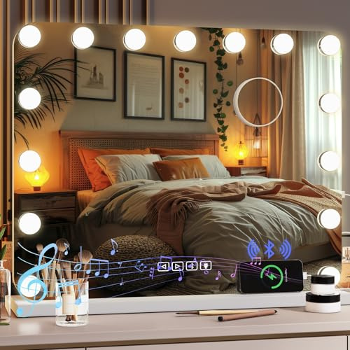 MAMIZO Bluetooth Schminkspiegel mit Beleuchtung,Hollywood Spiegel mit Licht,58x46cm,15 LED, Dimmbare,3 Lichtfarben, USB,10x Lupe, Kosmetikspiegel, Wandspiegel,Tischspiegel,Make up Spiegel,Weiß