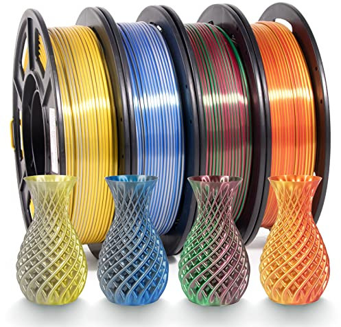 iSANMATE Dual Color Seide Filament Set, Silk PLA Filament 1.75mm, PLA 250g x 4 Colours 3D Printer PLA Silk Filament Set, Gold Rot/Gold Silber/Blau Silber/Rot Grün