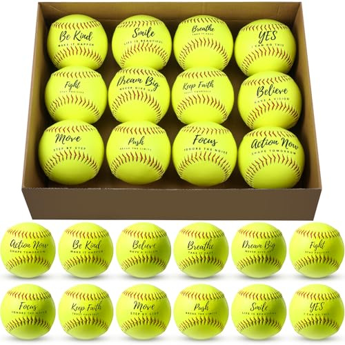 MiniInflat Paquete de 12 pelotas motivacionales de softball de 12 pulgadas para práctica deportiva, tamaño oficial y peso, pelota inspiradora de entrenamiento de lanzamiento rápido, cubierta de cuero