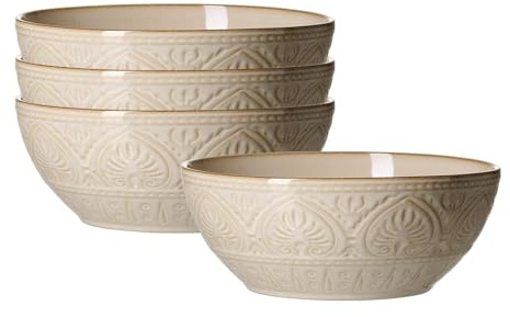 Ritzenhoff & Breker Omara Schalen 4er Set, 23 cm, Suppenschalen mit orientalischer Relief-Ornamentik, Individuelle Farbverläufe durch Reaktivglasur, Spülmaschinenfest, Steingut, Beige