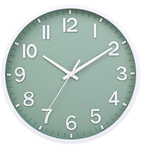 Moiubik Reloj de pared moderno de 8 pulgadas, funciona con pilas, reloj de pared silencioso sin tictac, para sala de estar, dormitorio, cocina, oficina, decoración de aula (verde y blanco)