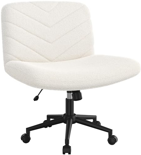 Yaheetech Chaise de Bureau avec roulettes, Fauteuil de Bureau sans Accoudoirs avec Large Assise, Siège Pivotant en Tissu Bouclette, Chaise Réglable en Hauteur, pour Bureau Chambre, Ivoire