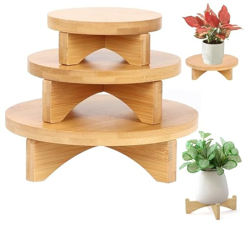 Lot De 3 Plant Tabouret, Mini Tabouret Rond En Bois, Amovible Présentoir De Tabourets En Bois, Support Multifonction Pour Pot De Fleurs De Jardin, Pour l'Intérieur Et l'Extérieur, Terrasse, Jardin