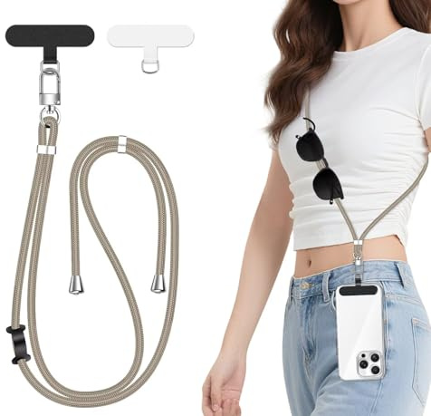 ivoler Crossbody Phone Lanyard Adjustable Neck Strap with Secure Patch Holder, Compatible with Most Smartphones – Durable, Hands-Free, Anti-Theft, Multifunctional with Earbud/Glasses Hook – Camel | With Black Leather Buckle for Hanging Wireless Earphones, Keys, Sunglasses etc - Khaki