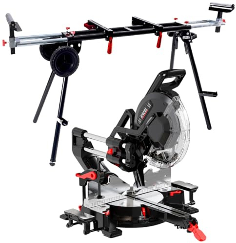 Excel 305mm Sliding Mitre Saw 2000W, 240V with LED Light & Universal Wheeled Stand - Powerful Saw for Woodworking & DIY