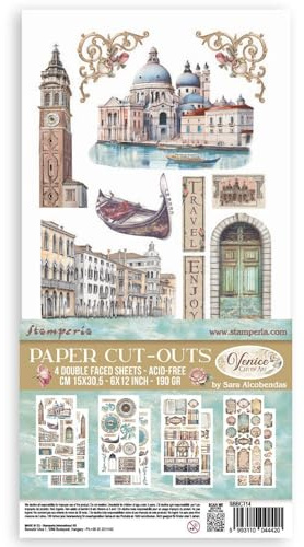 Stamperia - Paper Cut Outs for Scrapbooking, Albums, Card Making, Bullet Journalling and More, Acid Free, Double Sided, 4 Sheets, Perfect for Hobbies, Crafts, and Gifting (Venice, City of Art)