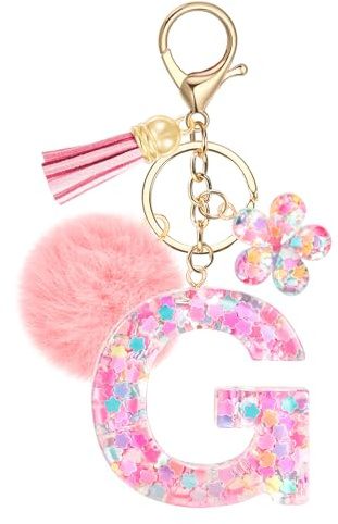JSRQT Niedlicher Rosa Schlüsselanhänger Buchstaben, Namens Alphabet Harz Schlüsselanhänger Blumen Pailletten mit Pompons, Taschenanhänger Key Chain