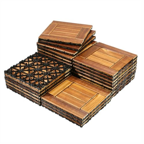 Decking Tiles for Balcony and Outdoor, Solid Wood Floor Outdoor with Assembled, Interlocking Wood Deck Tiles, for Board Balcony Terrace Courtyard Garden,4PCS
