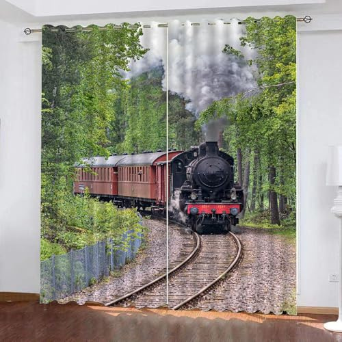 ARiXIaNg Vorhänge Blickdicht Zug Eisenbahn Kindervorhänge Vorhang mit ösen 2er Set Retro-Dampfauto 3D Polyester Verdunkelungsvorhang für Kinderzimmer Wohnzimmer Wohnkultur 2-Set (280x250 cm)