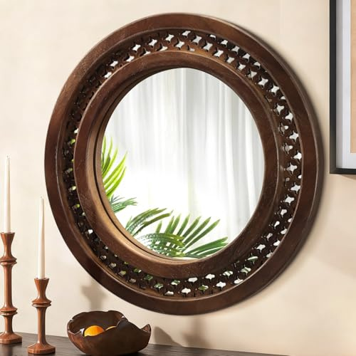 JJUUYOU Kreisspiegel mit Holzrahmen, kreisförmiger Spiegel für Wand, 50 cm, rund, Hängespiegel für Wohnzimmer, Badezimmer, Waschtisch, Eingang, Flur, Braun